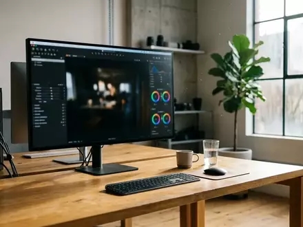Ein moderner, aufgeräumter Arbeitsplatz mit einem Computerbildschirm, auf dem eine Bildbearbeitungssoftware zu sehen ist. - Foto: über boerse-global.de