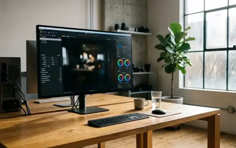 Ein moderner, aufgeräumter Arbeitsplatz mit einem Computerbildschirm, auf dem eine Bildbearbeitungssoftware zu sehen ist. - Foto: über boerse-global.de