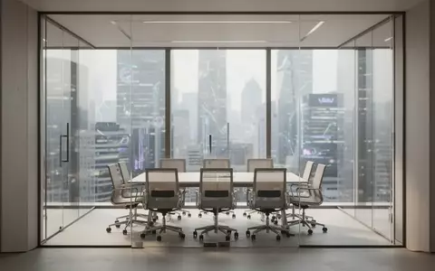 Ein minimalistischer, moderner Bürokonferenzraum mit Glaswänden und einem Blick auf eine städtische Skyline. - Foto: über boerse-global.de