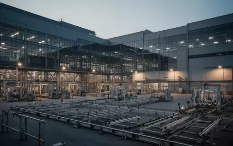 Ein weites, atmosphärisches Foto eines modernen Automobilwerks bei Dämmerung mit Fokus auf die industrielle Architektur. - Foto: über boerse-global.de