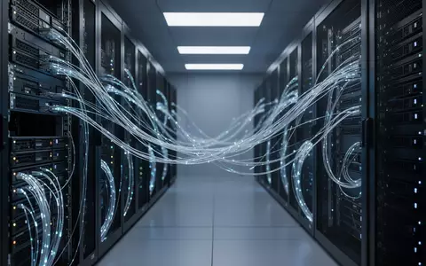Modernes Rechenzentrum mit leuchtenden Glasfaserkabeln und technischer Hardware in gedimmtem Licht. - Foto: über boerse-global.de