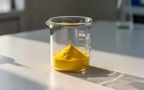 Ein Glasbecher mit gelbem Vitaminpulver auf einer weißen Laboroberfläche bei natürlichem Tageslicht. - Foto: über boerse-global.de