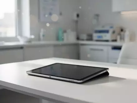 Ein modernes Tablet auf einem sauberen Schreibtisch in einer medizinischen Praxisumgebung. - Foto: über boerse-global.de