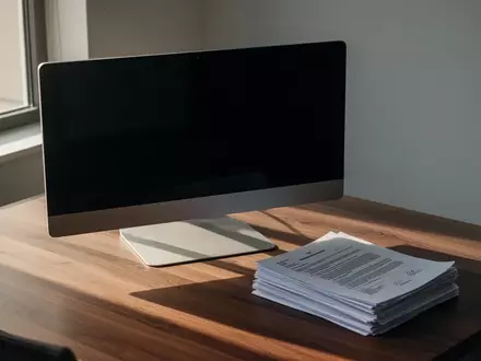 Ein minimalistischer BĂŒroarbeitsplatz mit einem ausgeschalteten Computerbildschirm und Dokumenten bei Tageslicht. - Foto: ĂŒber boerse-global.de