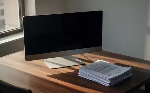 Ein minimalistischer Büroarbeitsplatz mit einem ausgeschalteten Computerbildschirm und Dokumenten bei Tageslicht. - Foto: über boerse-global.de