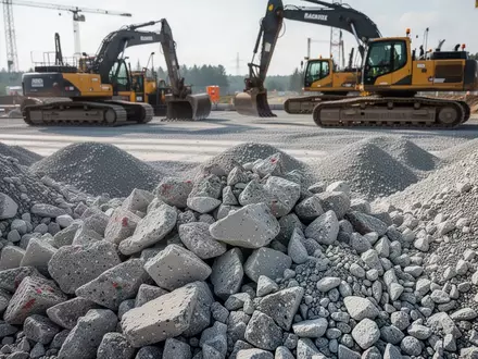 Aufgeschüttete Haufen aus recyceltem Bauschutt und Kies auf einer Straßenbaustelle unter natürlichem Tageslicht. - Foto: über boerse-global.de