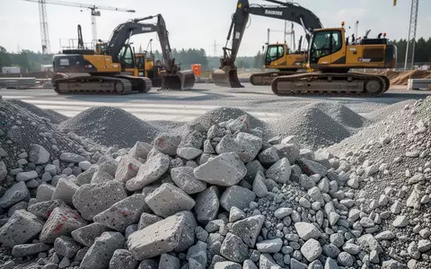 Aufgeschüttete Haufen aus recyceltem Bauschutt und Kies auf einer Straßenbaustelle unter natürlichem Tageslicht. - Foto: über boerse-global.de