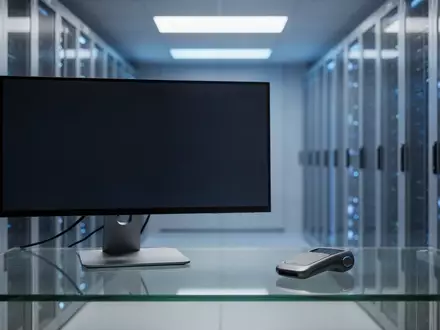 Ein minimalistischer, moderner Arbeitsplatz mit einem leeren Monitor und einem futuristischen Hardware-Prototypen in einem Serverraum. - Foto: über boerse-global.de