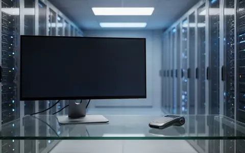 Ein minimalistischer, moderner Arbeitsplatz mit einem leeren Monitor und einem futuristischen Hardware-Prototypen in einem Serverraum. - Foto: über boerse-global.de