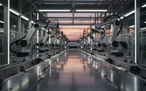 Leere, moderne Automobil-Fertigungsstraße in einer Werkshalle bei Dämmerung, industrielle Architektur. - Foto: über boerse-global.de