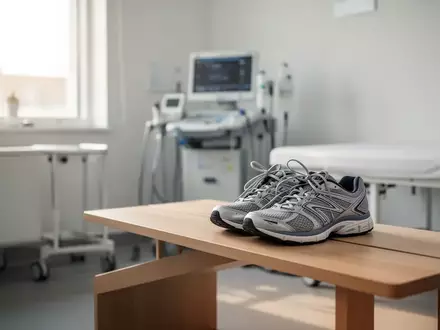 Ein Paar Sportschuhe auf einer Holzbank in einer modernen, hellen Arztpraxis als Symbol für präventive Gesundheitsvorsorge. - Foto: über boerse-global.de