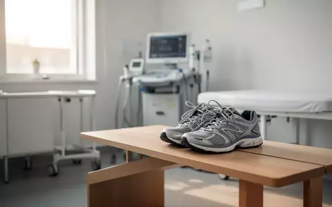 Ein Paar Sportschuhe auf einer Holzbank in einer modernen, hellen Arztpraxis als Symbol für präventive Gesundheitsvorsorge. - Foto: über boerse-global.de