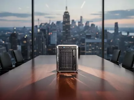 Ein einzelnes Server-Bauteil auf einem leeren Konferenztisch vor einer verschwommenen Skyline, als Symbol für KI-Marktrisiken. - Foto: über boerse-global.de