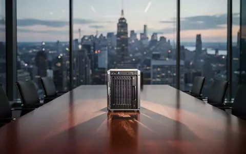 Ein einzelnes Server-Bauteil auf einem leeren Konferenztisch vor einer verschwommenen Skyline, als Symbol für KI-Marktrisiken. - Foto: über boerse-global.de