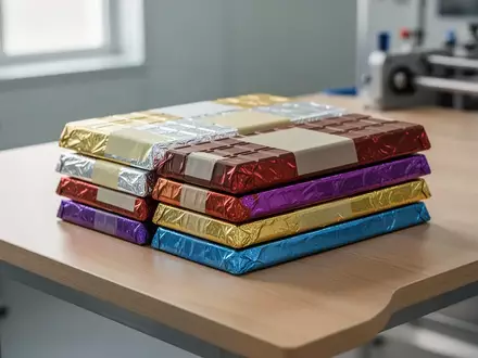 Schokoladentafeln in bunter Folienverpackung mit sichtbaren Überklebungen auf einem Holztisch in einer Fabrikumgebung. - Foto: über boerse-global.de