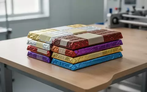 Schokoladentafeln in bunter Folienverpackung mit sichtbaren Überklebungen auf einem Holztisch in einer Fabrikumgebung. - Foto: über boerse-global.de