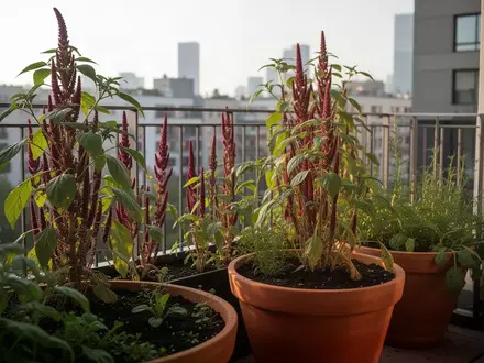 Große Amaranth- und Chiapflanzen in Pflanzkübeln auf einem städtischen Balkon bei spätem Nachmittagslicht. - Foto: über boerse-global.de