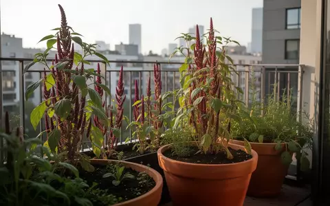 Große Amaranth- und Chiapflanzen in Pflanzkübeln auf einem städtischen Balkon bei spätem Nachmittagslicht. - Foto: über boerse-global.de