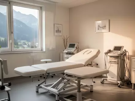 Ein minimalistischer Physiotherapieraum mit Behandlungsliege und medizinischen Geräten in hellem, natürlichem Tageslicht. - Foto: über boerse-global.de