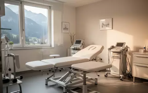 Ein minimalistischer Physiotherapieraum mit Behandlungsliege und medizinischen Geräten in hellem, natürlichem Tageslicht. - Foto: über boerse-global.de