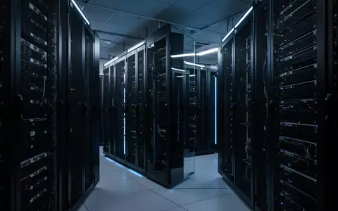 Modernes Server-Rechenzentrum mit dunklen Server-Racks und blauer Beleuchtung als Symbol für Cyber-Sicherheit. - Foto: über boerse-global.de