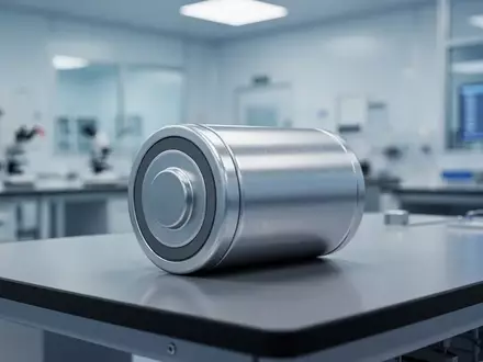 Eine einzelne zylindrische Natrium-Ionen-Batteriezelle auf einem industriellen Labortisch in einer sauberen Umgebung. - Foto: über boerse-global.de