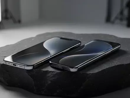 Zwei moderne Smartphones liegen auf einer dunklen Steinoberfläche in einem professionell beleuchteten Studio. - Foto: über boerse-global.de