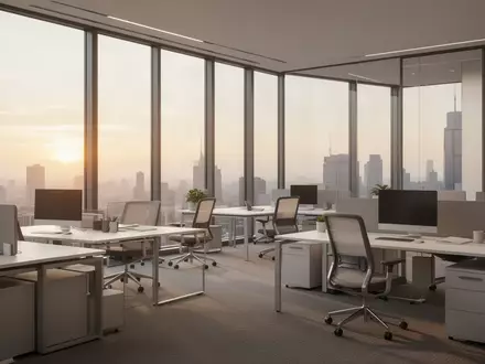 Ein modernes, aufgeräumtes Großraumbüro in der Morgendämmerung mit leeren Arbeitsplätzen und natürlichem Lichteinfall. - Foto: über boerse-global.de