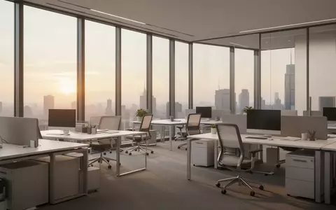 Ein modernes, aufgeräumtes Großraumbüro in der Morgendämmerung mit leeren Arbeitsplätzen und natürlichem Lichteinfall. - Foto: über boerse-global.de
