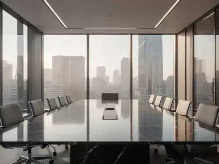 Ein moderner, minimalistischer Konferenzraum in einem Finanzgebäude mit reflektierenden Oberflächen und natürlichem Licht. - Foto: über boerse-global.de