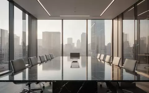 Ein moderner, minimalistischer Konferenzraum in einem Finanzgebäude mit reflektierenden Oberflächen und natürlichem Licht. - Foto: über boerse-global.de
