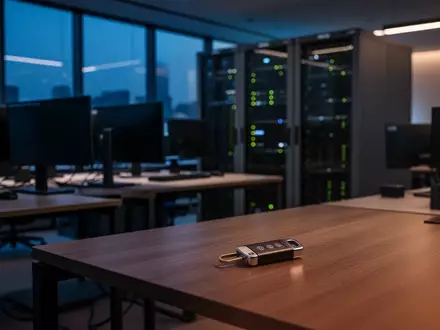 Ein moderner, abgedunkelter Newsroom mit ausgeschalteten Monitoren und einem Sicherheitsschlüssel auf einem Schreibtisch. - Foto: über boerse-global.de