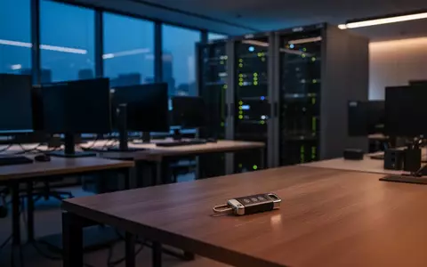 Ein moderner, abgedunkelter Newsroom mit ausgeschalteten Monitoren und einem Sicherheitsschlüssel auf einem Schreibtisch. - Foto: über boerse-global.de