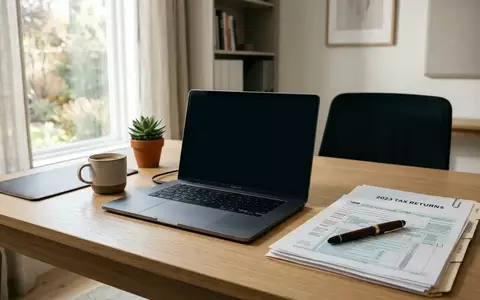 Ein moderner Schreibtisch mit einem Laptop, dessen Bildschirm dunkel bleibt, daneben liegen Steuerunterlagen. - Foto: über boerse-global.de