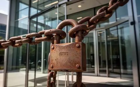 Ein schweres Vorhängeschloss an einer Kette vor einem modernen Bürogebäude als Symbol für eingefrorene Vermögenswerte. - Foto: über boerse-global.de