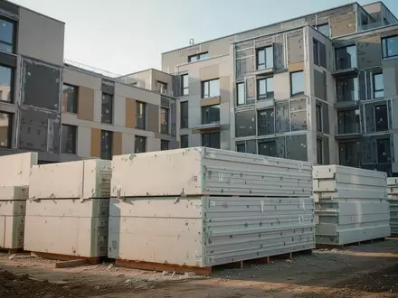 Industriell gefertigte Fassadenelemente auf einer Baustelle für die energetische Sanierung von Wohngebäuden. - Foto: über boerse-global.de
