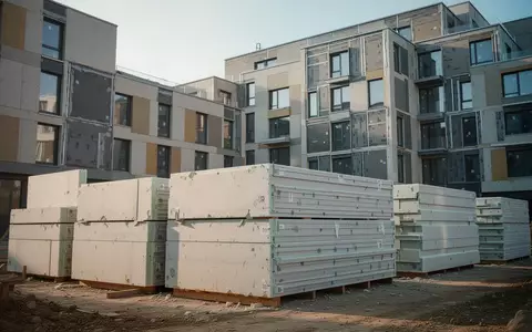 Industriell gefertigte Fassadenelemente auf einer Baustelle für die energetische Sanierung von Wohngebäuden. - Foto: über boerse-global.de