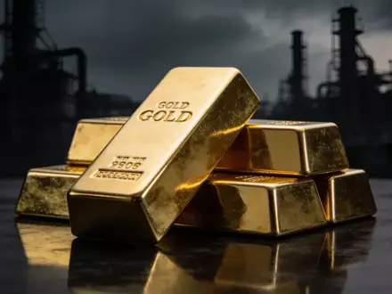 Goldbarren auf einem dunklen Untergrund vor der verschwommenen Kulisse einer Ölraffinerie. - Foto: über boerse-global.de