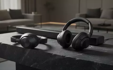 Ein Paar hochwertige Kopfhörer und eine flache Soundbar auf einer dunklen Steinoberfläche in einem modernen Wohnraum. - Foto: über boerse-global.de