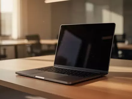 Ein moderner Laptop auf einem schlichten Holztisch in einem hellen, minimalistischen Büro bei natürlichem Licht. - Foto: über boerse-global.de