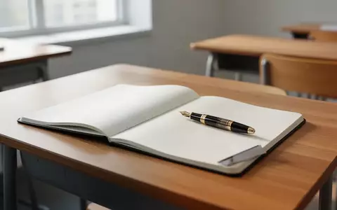 Ein offenes Notizbuch mit einem Füllfederhalter auf einem hölzernen Schreibtisch in einem hellen Klassenzimmer. - Foto: über boerse-global.de