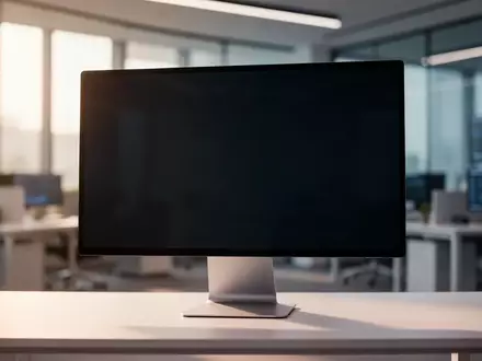 Ein moderner, minimalistischer Arbeitsplatz mit einem ausgeschalteten Computermonitor in einem hellen Büro. - Foto: über boerse-global.de