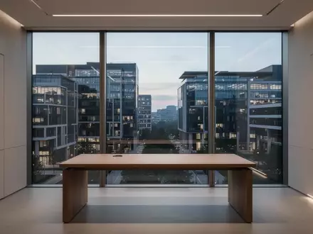 Ein minimalistischer, moderner Büroarbeitsplatz mit Blick auf ein Geschäftsviertel in der Dämmerung. - Foto: über boerse-global.de