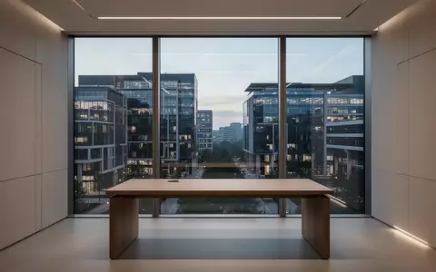 Ein minimalistischer, moderner Büroarbeitsplatz mit Blick auf ein Geschäftsviertel in der Dämmerung. - Foto: über boerse-global.de