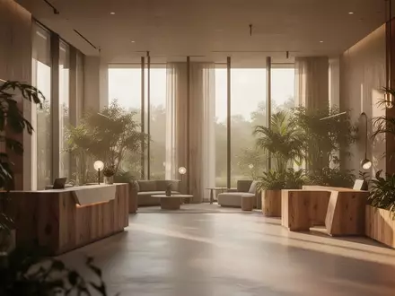 Modernes, sonnendurchflutetes Hotel-Interieur mit nachhaltigen Holzelementen und Pflanzen in einer minimalistischen Architektur. - Foto: über boerse-global.de