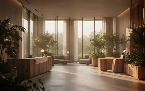 Modernes, sonnendurchflutetes Hotel-Interieur mit nachhaltigen Holzelementen und Pflanzen in einer minimalistischen Architektur. - Foto: über boerse-global.de