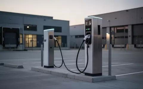 Moderne Ladesäule für Elektroautos auf einem minimalistischen Parkplatz in der Dämmerung. - Foto: über boerse-global.de