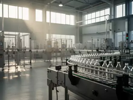 Moderne Produktionshalle eines Glasverpackungsherstellers mit leeren Förderbändern und Glasfläschchen in einer Industrieanlage. - Foto: über boerse-global.de