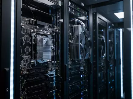 Hochmoderne Server-Racks in einem Rechenzentrum mit blauer Beleuchtung und Fokus auf technischer Hardware. - Foto: über boerse-global.de