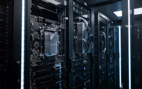 Hochmoderne Server-Racks in einem Rechenzentrum mit blauer Beleuchtung und Fokus auf technischer Hardware. - Foto: über boerse-global.de